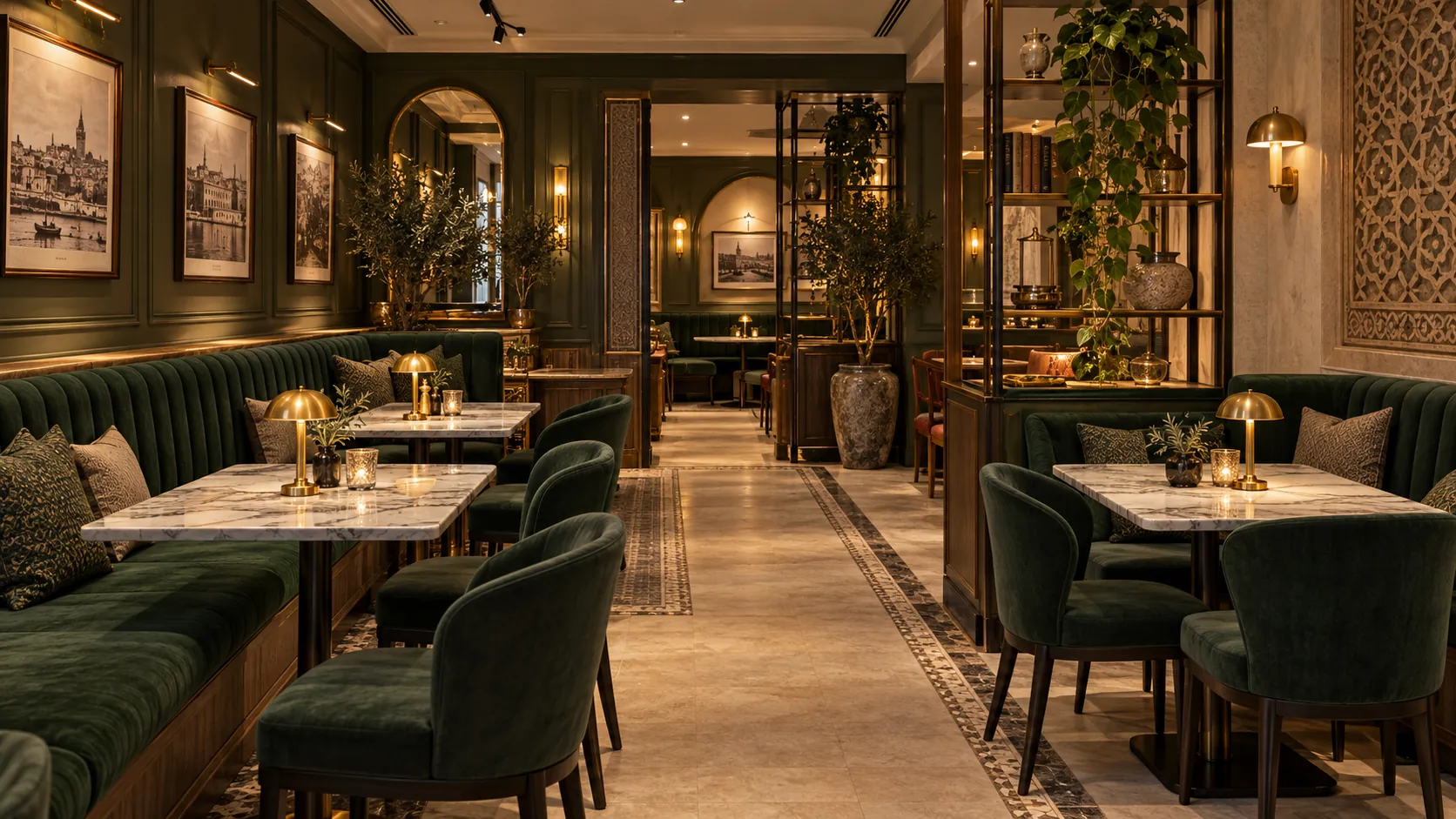 Çınaraltı için hazırlanan yeşil ve pirinç tonlu lounge iç mekân konsepti
